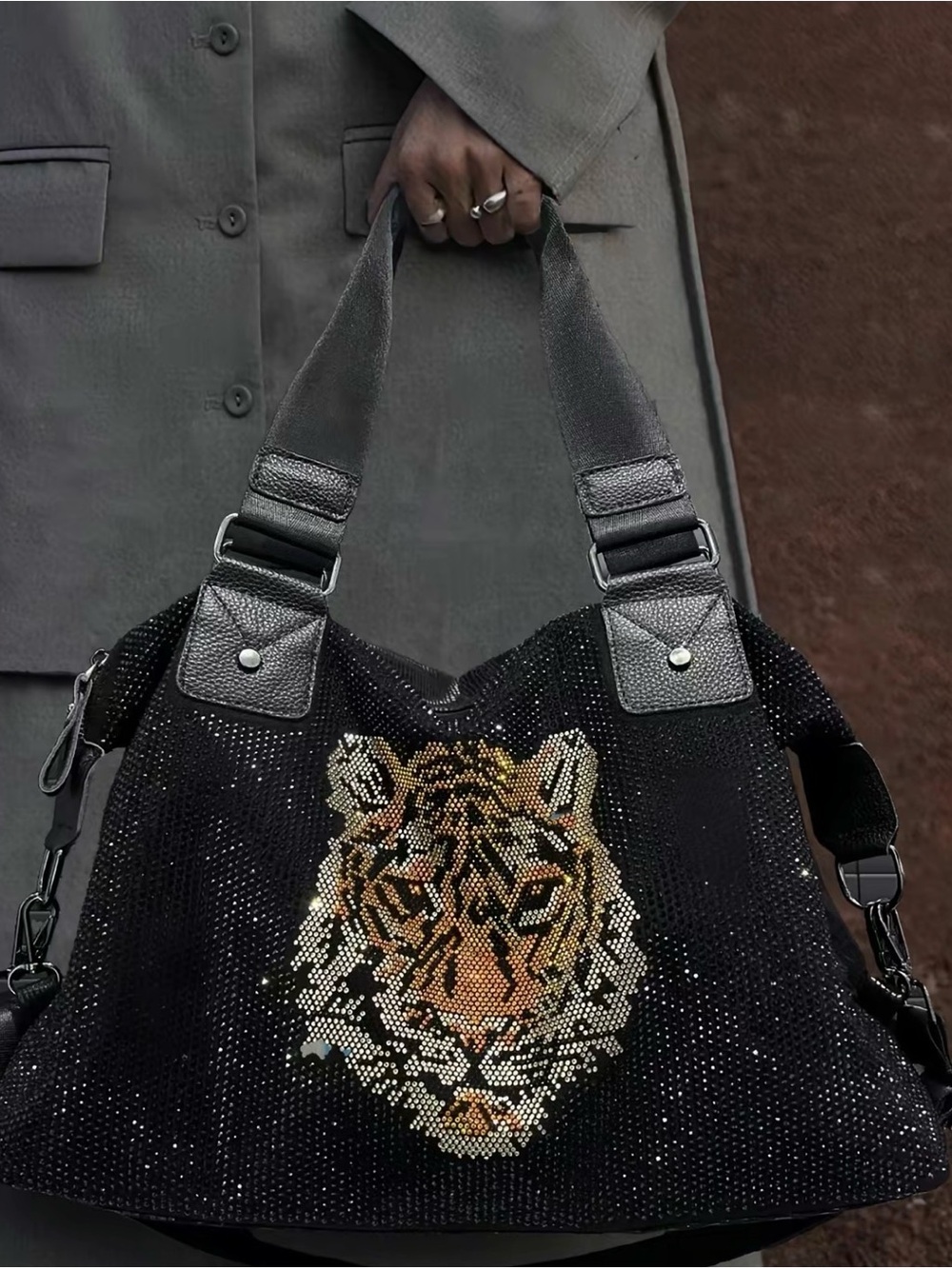 Black Sequin Tote with Tiger Face